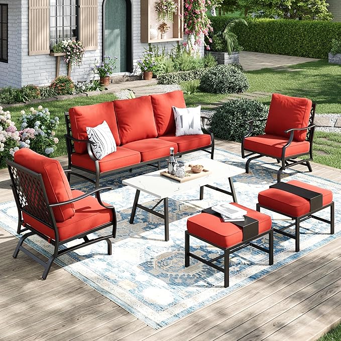 Patio Furniture Set 6 pcs, Outdoor Patio Furniture, 3-Seat Sofa, 2 Rocking Chairs, 2 Ottomans, Coffee Table and 5.75" Extra Thick Cushion, Conversation Set for Backyard Deck, Red