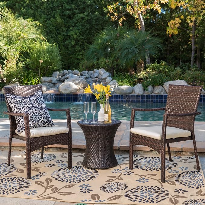 Christopher Knight Home Corsica Outdoor Wicker Chat Set, 3-Pcs Set, Brown / Crème