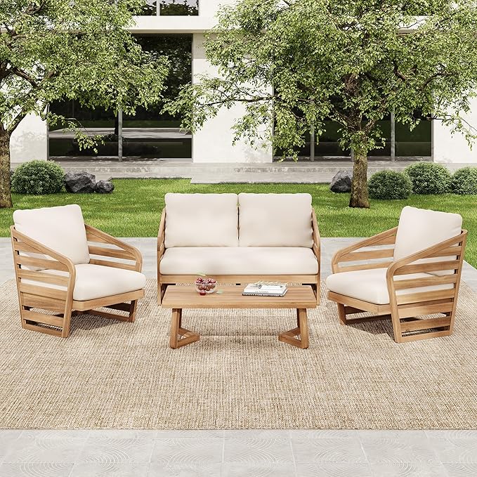 Acacia Wood 4-Pieces Patio Conversation Set, All Weather Sectional Sofa Set w/ 2 Club Chairs, Loveseat and Table, Outdoor Furniture Set with Zipper Cushions, Unique Frame Design