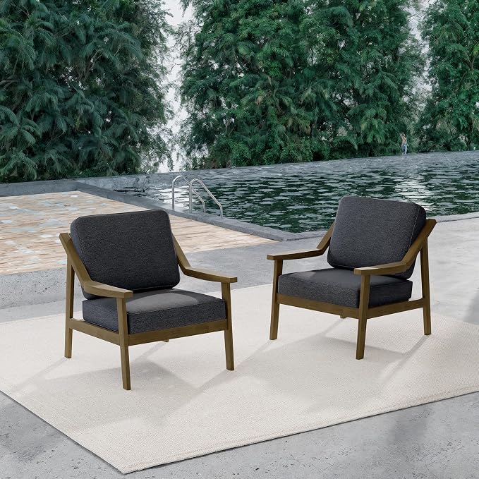 Outdoor Patio Furniture Set, 2 Piece Outdoor Patio Sofa Armchairs with Washable Thick Cushions, All-Weather Solid Wood Patio Bistro Set for Porch, Balcony, Natural Frame & Dark Gray Cushion