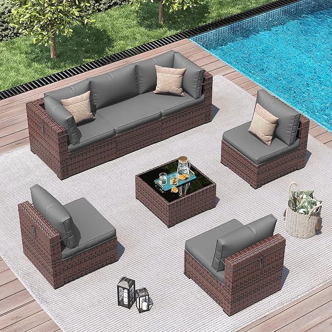 Patio Furniture Sets with Waterproof Cover, 7 Pieces Outdoor Rattan Sectional Sofa Set with Glass Table and Cushions,Wicker Patio Conversation Set for Outdoor Indoor Backyard Lawn Garden Porch (Grey)