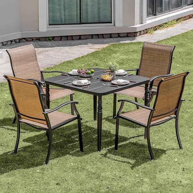 NUU GARDEN 5-Piece Patio Dining Set with Umbrella Hole Includes Slatted Square Table and 4 Ergonomic Textilene Chairs All-Weather Furniture for Garden Backyard Deck Poolside Black Brown