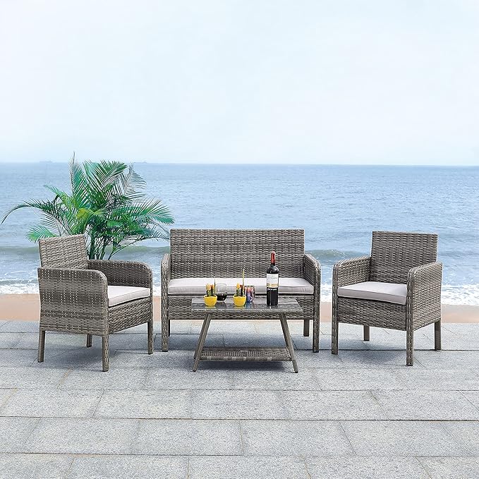 SAFAVIEH PAT7505B Collection Aboka Grey 4-Piece Outdoor Living Patio Set