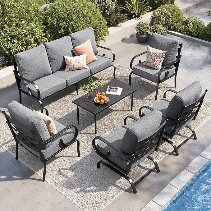 PHI VILLA Patio Furniture Set, 3-Seater Sofa, 2 Fixed Chairs, 2 Rocking Chairs and a Coffee Table, Outdoor Metal Conversation Set with 5.75" Extra Thick Cushion for Garden Backyard Deck, Grey