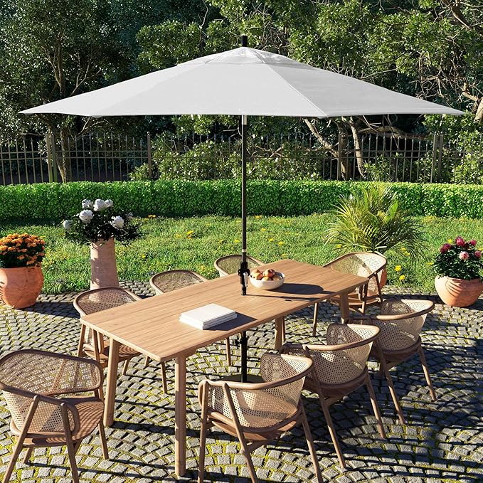 California Umbrella 11Ft Fiberglass Rib Patio Umbrella, Hand-Crank, Tilt-Collar, Black Frame, Solution Dyed White Fabric