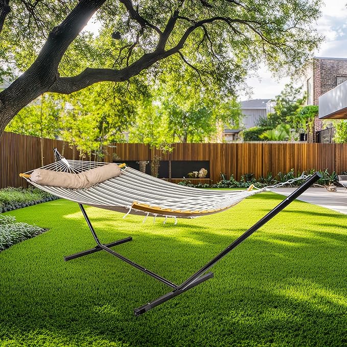 Sunnydaze Outdoor Hammock with Spreader Bar - 450-Pound Capacity Curved Spreader Bar Hammock - Neutral Stripe