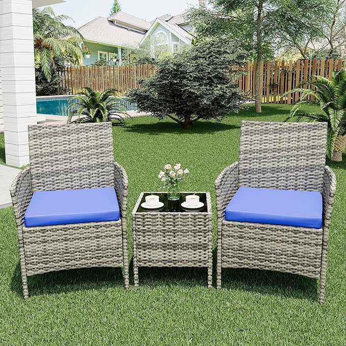 All-Weather PE Rattan Patio Bistro Set - 3 Piece Outdoor Conversation Furniture with 2 Chairs & Coffee Table - Compact Garden, Balcony, Porch Use - Grey or Black