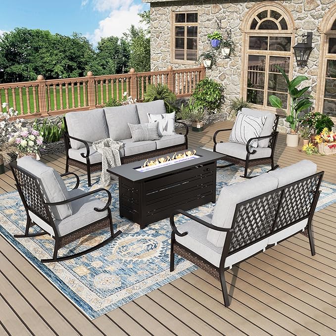 Patio Furniture Set with Fire Pit Table, Metal Outdoor Conversation Set with 2 Rocking Chairs, Loveseat Sofa, 3-Seat Sofa and Gas Fire Pit Table for Lawn Garden Backyard, Light Grey