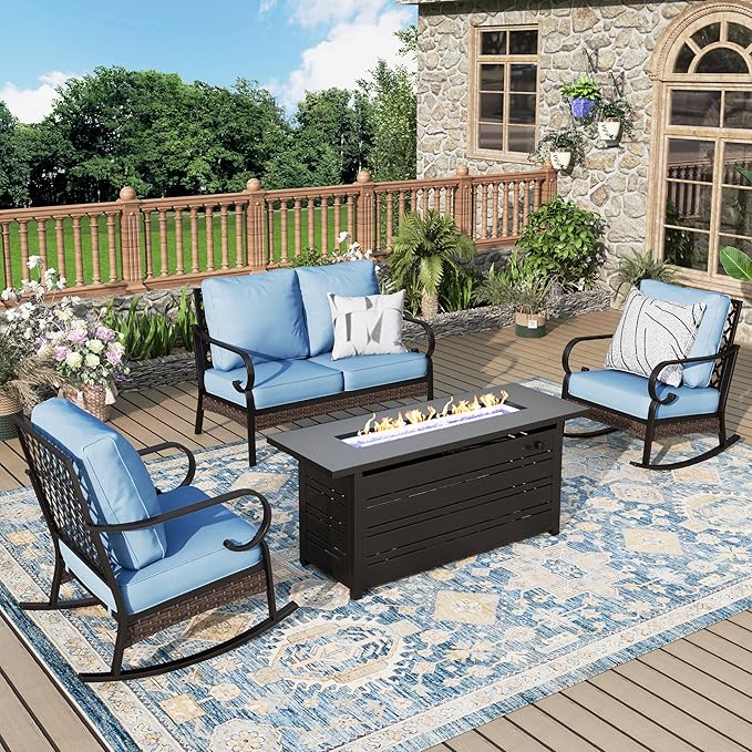 Patio Furniture Set with Firepit Table, Black Frame Outdoor Conversation Set with 2 x Rocking Chair, 1 x 2-Seat Sofa for Lawn Garden Backyard, Blue