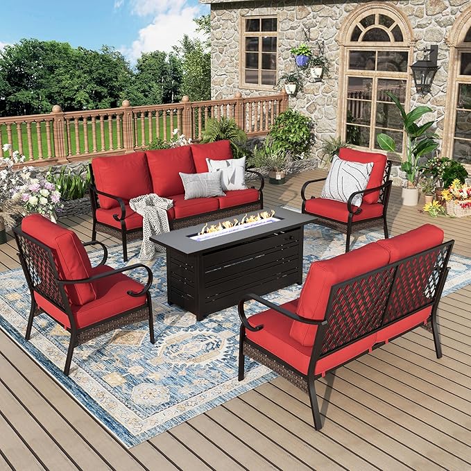 Patio Furniture Set with Fire Pit Table, Metal Outdoor Conversation Set with 5.75'' Extra Thick Cushion, Loveseat Sofa, 2 Leg Chairs, 3-Seat Sofa and Gas Fire Pit Table, Red