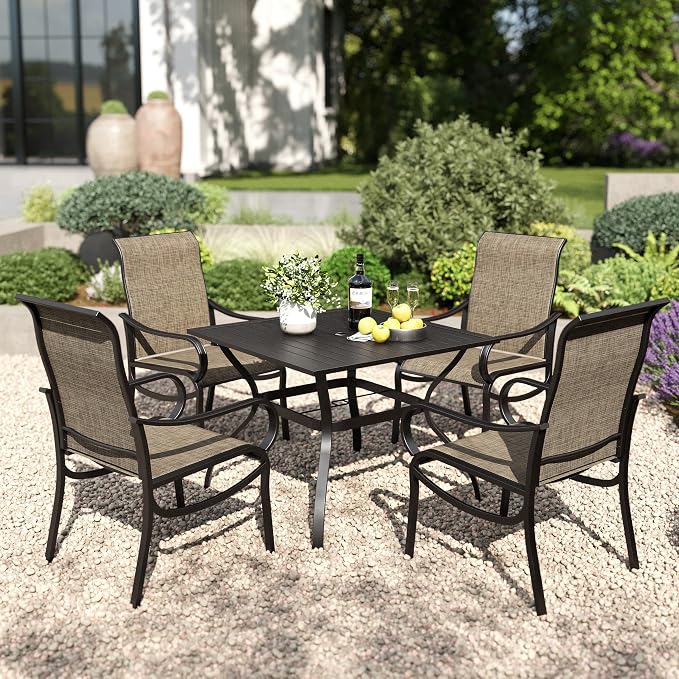 PHI VILLA 5 Pcs Patio Dining Set for 4, Mesh Patio Chairs & Square Table | 4 textilene dining chairs. 37" metal square table with umbrella hole, all weather E-coated metal frame for outdoor deck lawn