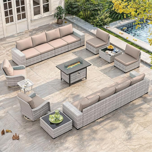 16 Piece Outdoor Wicker Sectional Sofa Set with Swivel Chairs & Fire Pit Table, 12-Seats with 4" Thickened Cushions & Coffee Table, All-Weather PE Rattan for Garden, Backyard, Porch, Beige