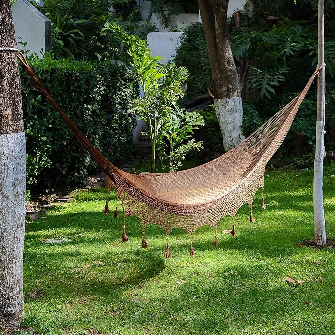 NOVICA Metallic Copper Brown Hand Woven Nylon Mayan Matrimonial Family Size XXL Rope Hammock with Crochet Fringe, 'Copper Filigree' (Triple)