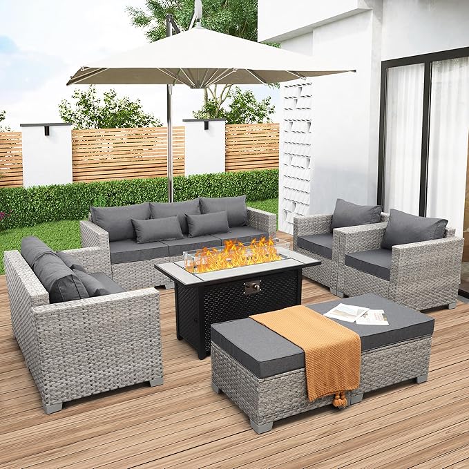 WAROOM Patio Furniture Set 7 Piece Grey Wicker Outdoor Conversation Sets PE Rattan Sectional Sofa with Large Fire Pit Table and Anti-Slip Grey Cushion
