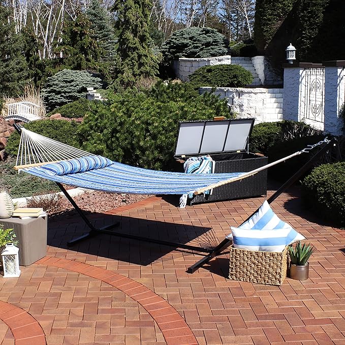 Sunnydaze Quilted Double Hammock with Stand for Outside - 350-Pound Capacity 2-Person Hammock with Stand - 12-Foot Stand - Catalina Beach