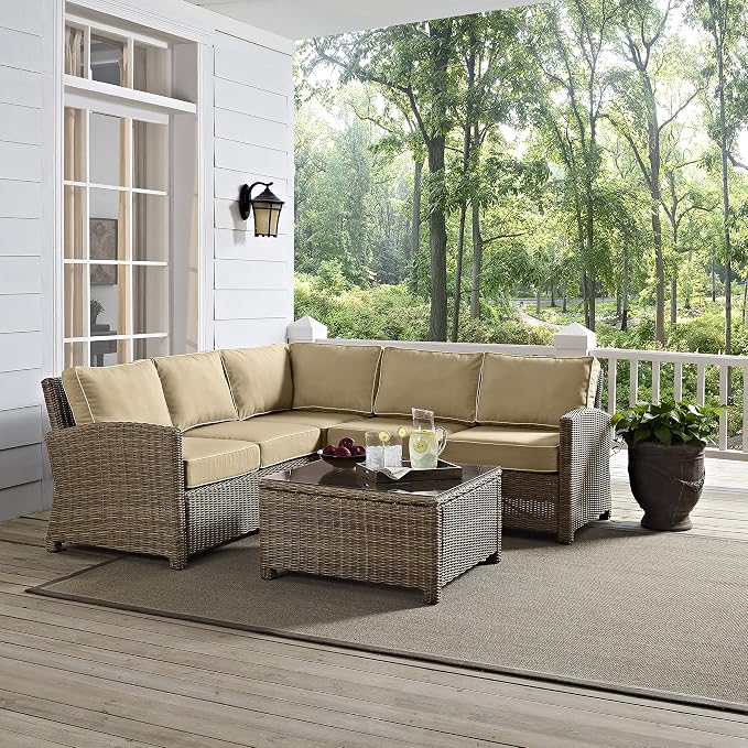 Crosley Furniture Bradenton 4-Piece Outdoor Sectional Sofa Wicker Conversation Patio Furniture Set for Deck, Brown with Sand Cushions