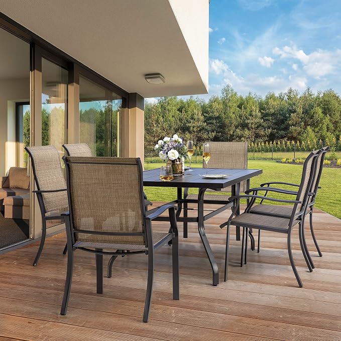 NUU GARDEN 7 Pieces Patio Dining Set, All-Weather Outdoor Furniture with 6 Dining Chairs and 1 Rectangle Steel Dining Table with Umbrella Hole for Patio Deck Garden, Black and Brown