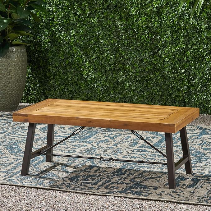 roomfitters Outdoor Acacia Wood Coffee Table, Teak Finish with Rustic Metal Legs, Perfect for Patio, Garden, or Deck, Weather-Resistant and Durable, Brown and Black