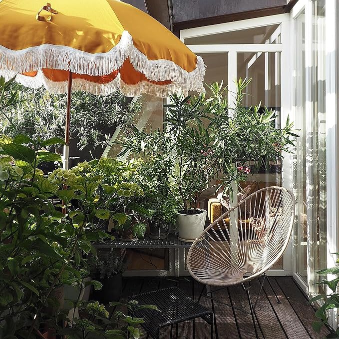 Business & Pleasure Co. Holiday Umbrella - Boho Beach Umbrella with White Fringe, UPF 50+, 1" Tilting Wood Pole, 5’ x 6.5’, Vintage Gold