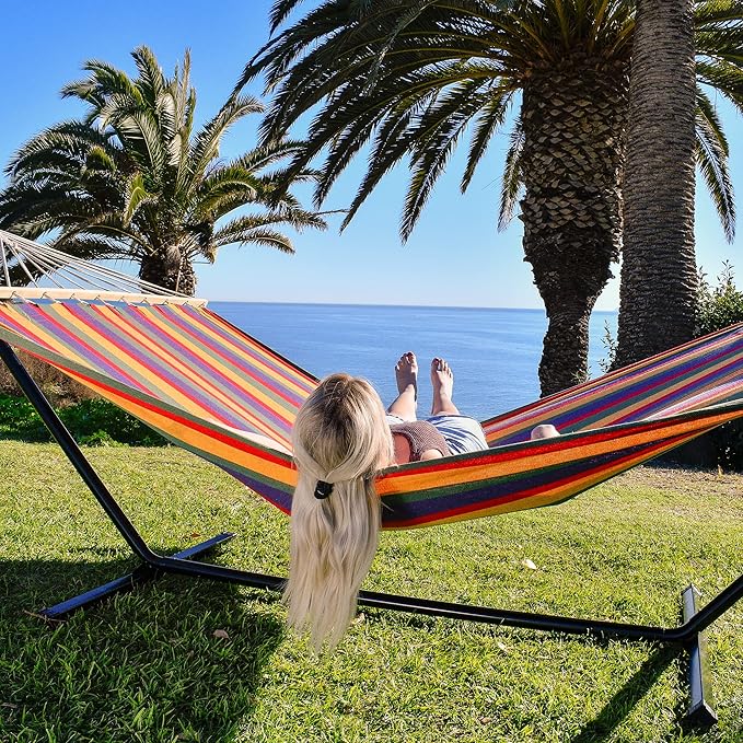 Sterling Sports Hammock for 1 Person, 4ft Wide 420 lbs Capacity, Wooden Spreader for Outdoor Patio Yard Poolside, Cotton Tropical Rush
