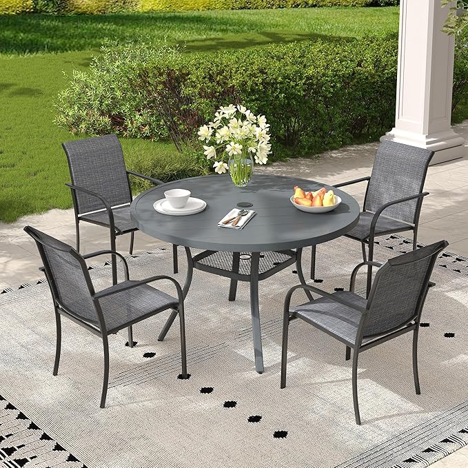 5 Pieces Outdoor Dining Set, Stackable Textilene Paito Chairs & 40.6" Round Dining Table with Umbrella Hole and Shelf, Patio Dining Set for Backyard, Deck, Garden, Grey & Dark Grey