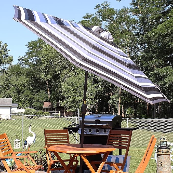 Sunnydaze 9 ft Striped Patio Umbrella with Solar Lights - Polyester LED Table Market Umbrella with Tilt and Crank - Catalina Beach Stripe