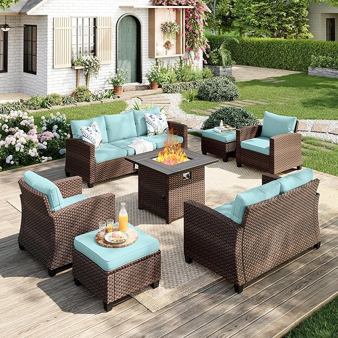 Patio Furniture Set, 7 Pcs Wicker Rattan Outdoor Conversation Set, 2 x Leg Chairs, 1 x 3 Seater Sofa, 1 x 2-Seat Lover Sofa and 2 x Ottomans with 4" Thick Cushion and 32" Fire Pit Table, Blue