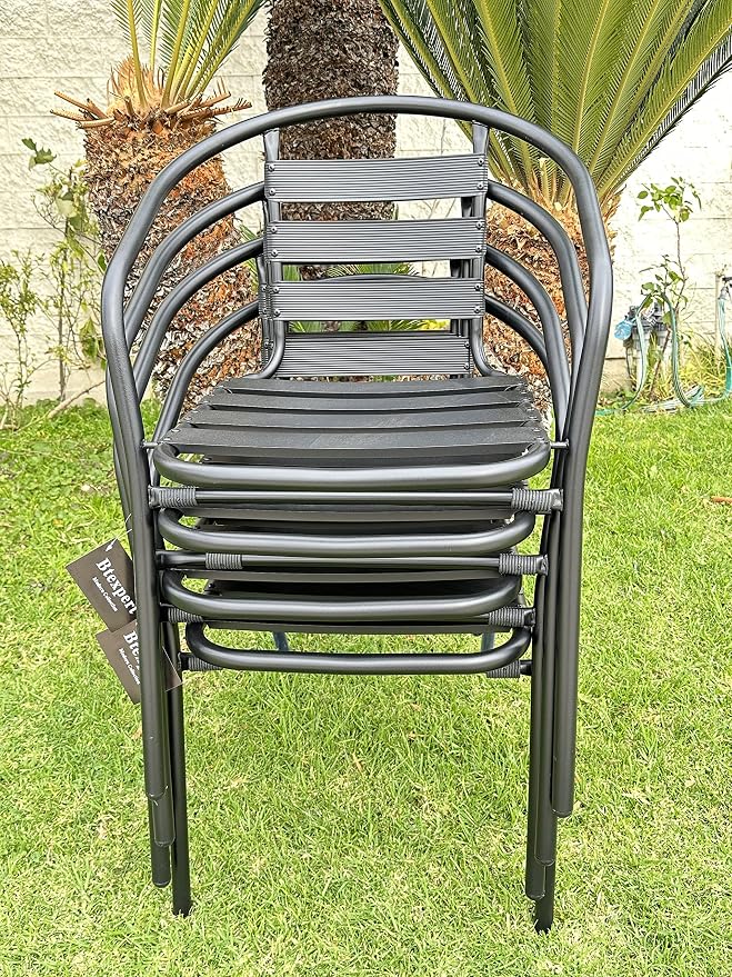 BTEXPERT Indoor Outdoor Restaurant Stainless Steel Aluminum Metal Slat Stack Commercial Lightweight, 3 Chairs with a 27.5" Round Table, Silver/Black