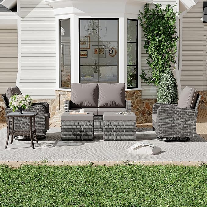 HOMREST 6 Piece Patio Conversation Sets with Loveseat, Rattan Wicker Swivel Chairs with 2 Ottoman, Coffee Table & Cushions, Outdoor Furniture Sets for Garden, Poolside, Backyard (Grey)