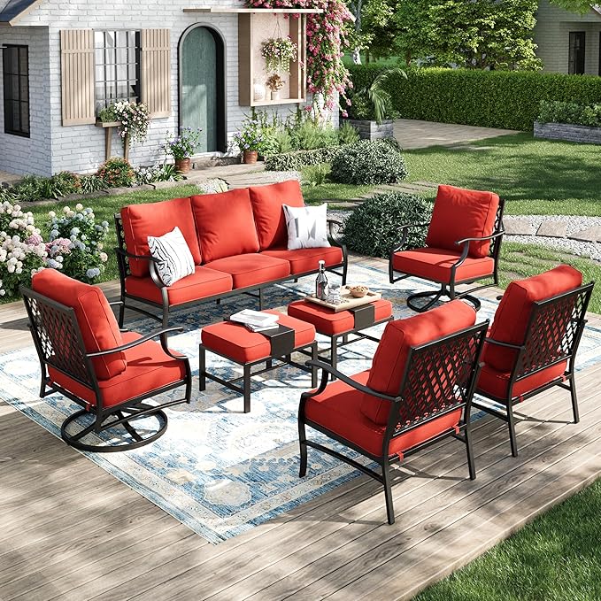 Patio Furniture Set 7 pcs, Outdoor Patio Furniture, 3-Seat Sofa, 2 Single Chairs, 2 Swivel Chairs, 2 Ottomans and 5.75" Extra Thick Cushion, Patio Conversation Set for Backyard Deck,Red