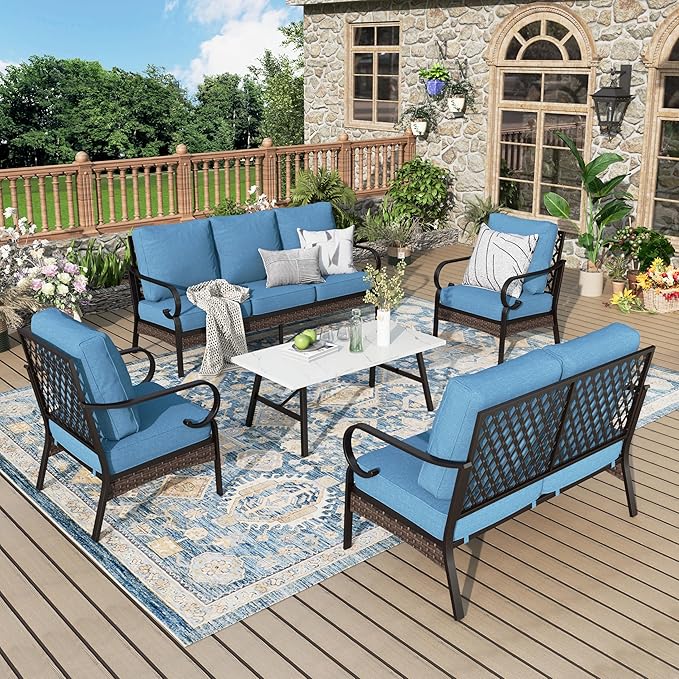 Patio Furniture Set with Coffee Table, Outdoor Conversation Set with 2 x Fixed Chairs, 1 x 2-Seat Sofa, 1 x 3-Seat Sofa for Lawn Garden Backyard, Navy Blue