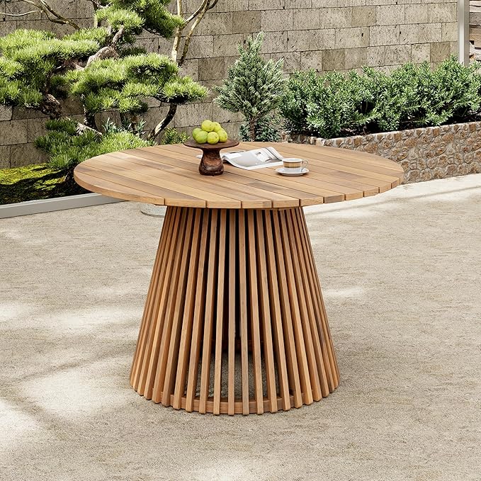 roomfitters 47.25" Round Outdoor Dining Table, Slatted Pedestal Base Acacia Wood Patio Table for 4-6 People, Light Teak