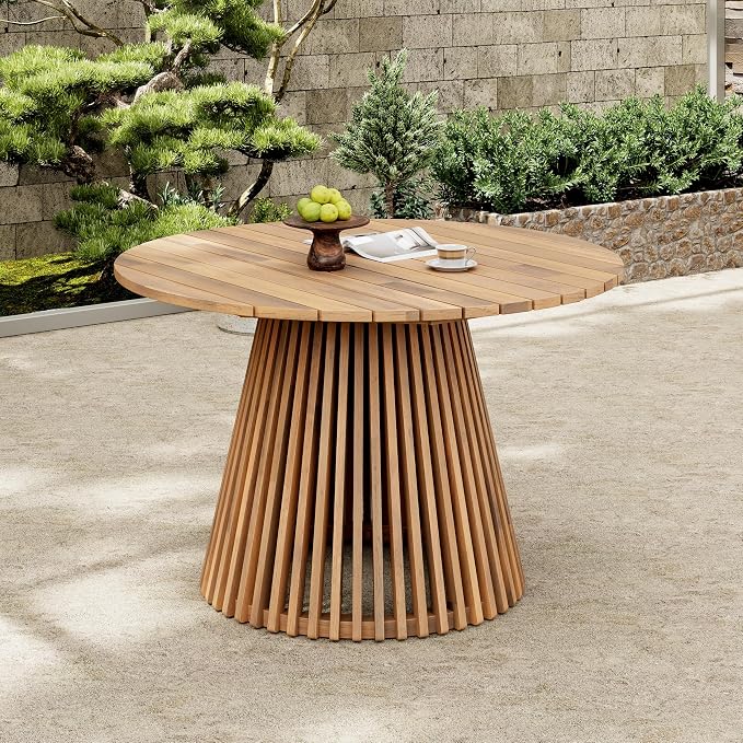 Round Acacia Wood Patio Dining Table, 47.25 Inch, Light Teak