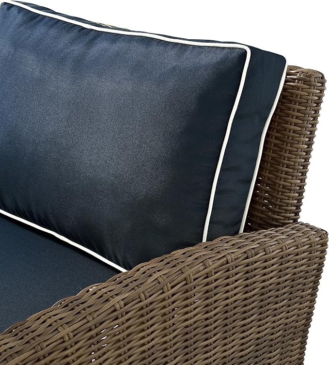 Crosley Furniture Bradenton 5-Piece Outdoor Loveseat Patio Furniture Set, Wicker Conversation Sets for Porch, Brown with Navy Cushions