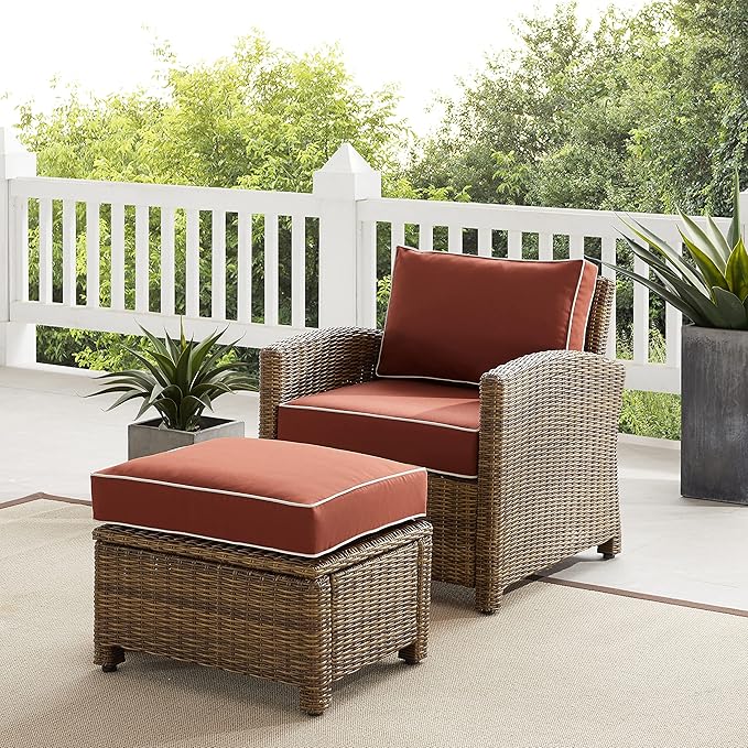 Crosley Furniture Bradenton 2-Piece Outdoor Chair and Ottoman Set, Wicker Patio Conversation Sets for Porch, Brown with Sangria Cushions