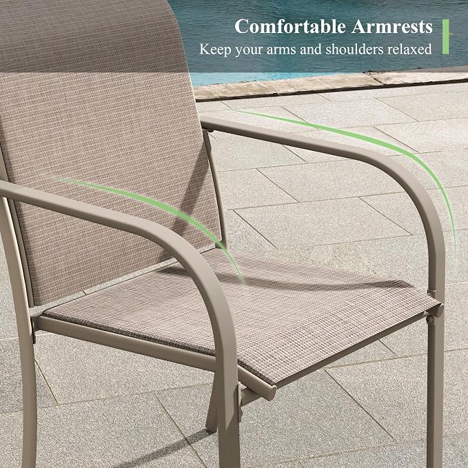 7 Pieces Outdoor Dining Set, Stackable Textilene Paito Chairs & 47.2" Round Dining Table with Umbrella Hole and Shelf, Patio Dining Set for Backyard, Deck, Garden, Sandshell