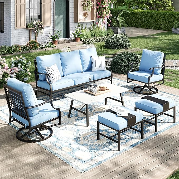 Patio Furniture Set 6 pcs, Outdoor Patio Furniture, 3-Seat Sofa, 2 Swivel Chairs, 2 Ottomans, Coffee Table and 5.75" Extra Thick Cushion, Patio Conversation Set for Garden Backyard Deck,Blue
