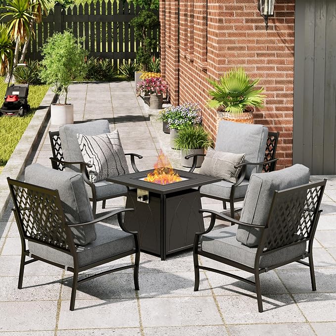 MIXPATIO Patio Furniture Set with Fire Pit Table, 5 Pcs Metal Outdoor Conversation Set, 4 Single Chairs with 5.75" Extra Thick Cushion and 28" Fire Pit Table for Backyard Deck, Grey