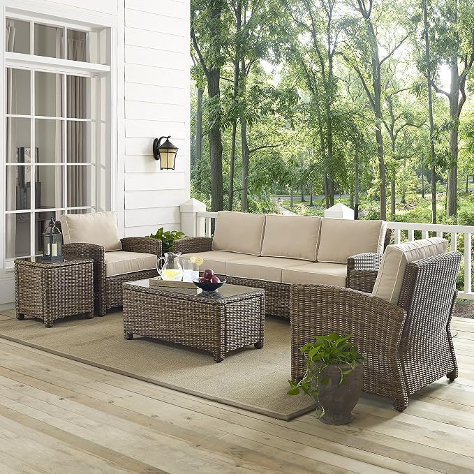 Crosley Furniture Bradenton 5-Piece Outdoor Sofa Patio Furniture Set, Wicker Conversation Sets for Porch, Brown with Sand Cushions