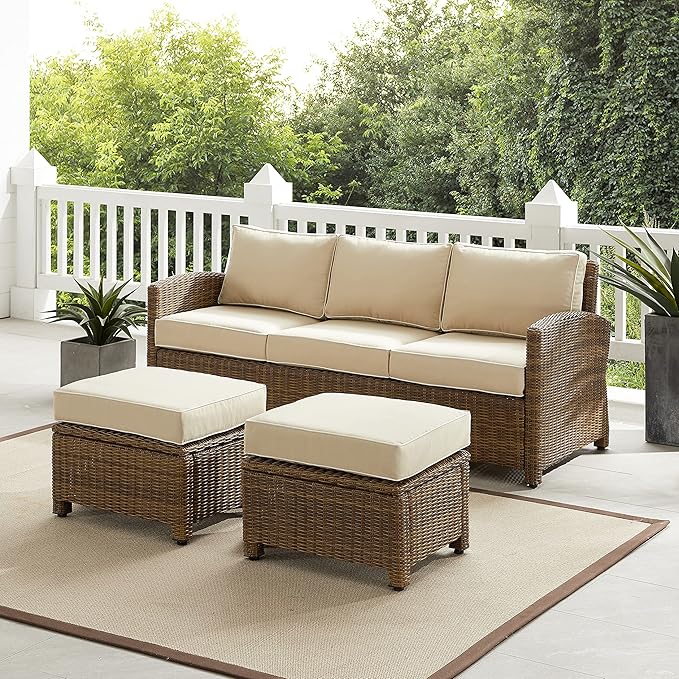 Crosley Furniture Bradenton 3-Piece Outdoor Sofa Patio Furniture Set, Wicker Conversation Sets for Porch, Brown with Sand Cushions