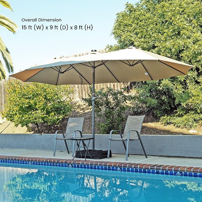 Home Zone Living 15x9 Ft Double Head Patio Umbrella with Base, 36 LED Lights, Sand Bags, UV Resistant & Waterproof, 213 LBS Total Weight, Beige Tan