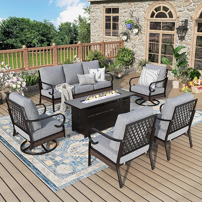 Patio Furniture Set with Fire Pit Table, Metal Outdoor Conversation Set with 5.75'' Extra Thick Cushion, 2 Swivel Chairs, 2 Leg Chairs, 3-Seat Sofa and Gas Fire Pit Table, Grey