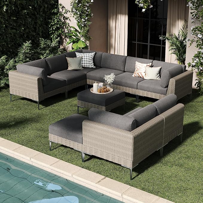 LayinSun 10-Piece Wicker Rattan Patio Furniture Set, Deep Seating Outdoor Modular Sectional Sofa Conversation Set with Thick Cushions for Lawn, Garden