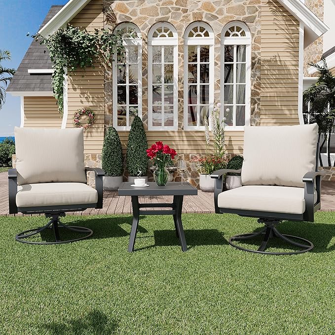 HOMREST Outdoor Swivel Rocker Patio Chairs with Coffee Table 3 PCS Bistro Set, 360 Degree Swivel Rocking Chair Patio Conversation Set with Thickened Cushions for Garden, Deck and Poolside