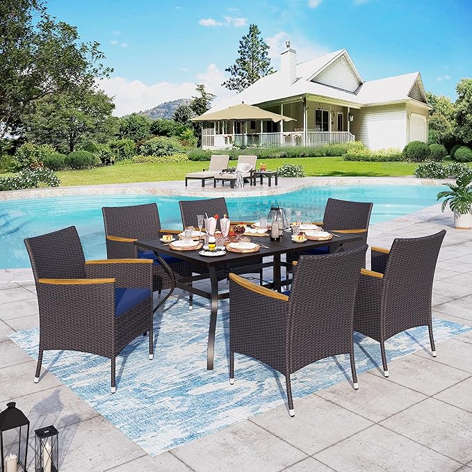 Sophia & William 7 Pieces Patio Dining Set, Rectangular Outdoor Table and Rattan Chairs, All Weather Outdoor Dining Set for 6, Patio Table and Chairs Set with 1.6" -2" Adjustable Umbrella Hole