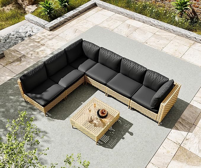 LHBcraft 7-Piece Wicker Outdoor Patio Furniture Set, Modular Rattan Outdoor Furniture, Patio Conversation Sets, Handmade Rattan, Water Resistant Fluffy Cushions and Coffee Table, Black