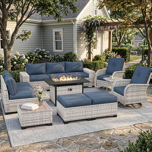 12-Piece Outdoor Patio Furniture Set with Rocking Swivel Chair, PE Wicker Rattan Sectional Sofa 55,000 BTU Fire Pit Table Patio Conversation Set with Ottomans and Chunky Arms, Navy Blue