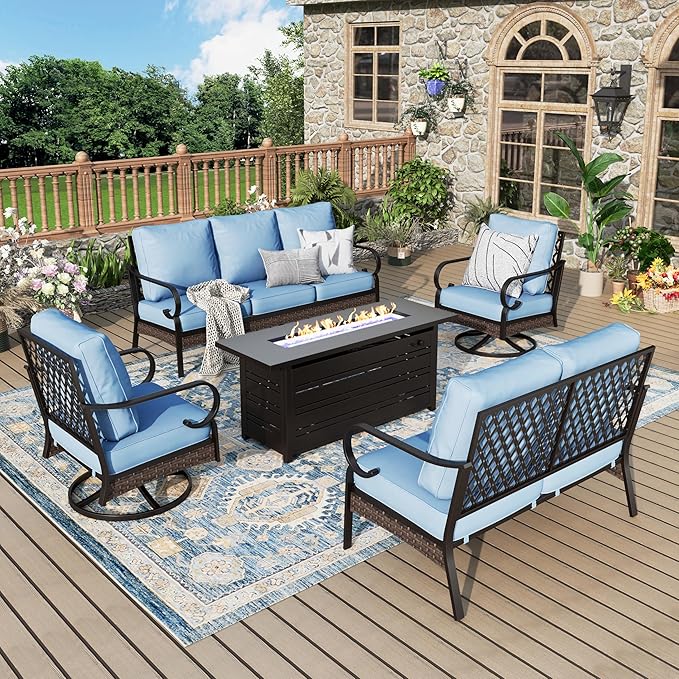 Patio Furniture Set with Fire Pit Table, Metal Outdoor Conversation Set with 5.75'' Extra Thick Cushion, 2 Swivel Chairs, Loveseat Sofa, 3-Seat Sofa and Gas Fire Pit Table, Blue