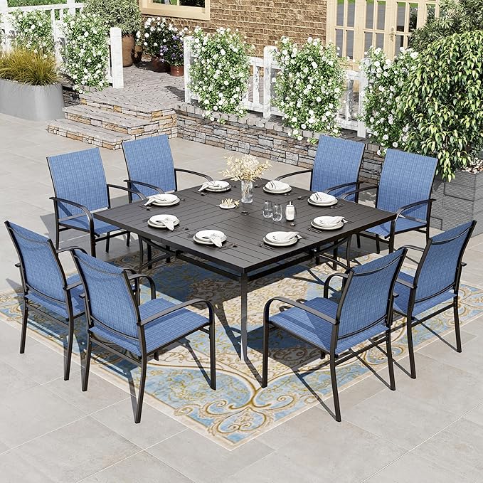 HERA'S HOUSE 9 Pieces Patio Dining Sets, Outdoor Table and Chairs Set of 8, 8 x Blue Textilene Dining Chair, 60" Square Metal Dining Table with 1.57" Umbrella Hole for Lawn Garden Backyard Deck