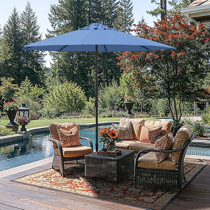 California Umbrella 8-Year Protection 9 Ft Outdoor Patio Umbrella, Solstice Fade-Resistant Fabric, Auto-Tilt, Heavy Duty Aluminum Frame, 8 Reinforced Ribs for Pool or Deck, Black Pole, Frost Blue